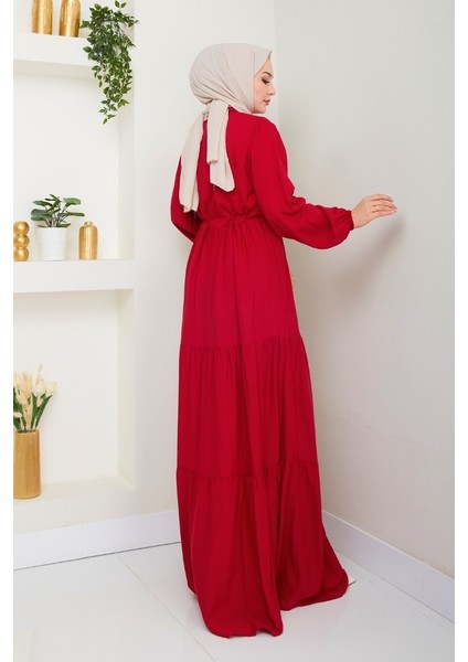 Yasen Yarım Düğmeli Dokuma Viskon Elbise 1508 - Bordo indirimleri