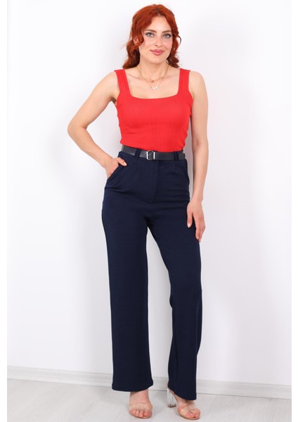 Kemerli Bol Paça Kadın Krep Pantolon