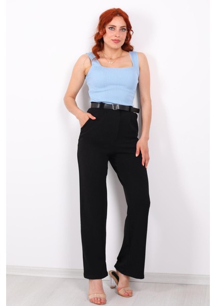 Kemerli Bol Paça Kadın Krep Pantolon