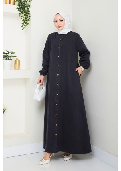 Ziyer Boydan Düğmeli Kot Elbise 1498 - Siyah