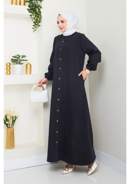 Ziyer Boydan Düğmeli Kot Elbise 1498 - Siyah modelleri