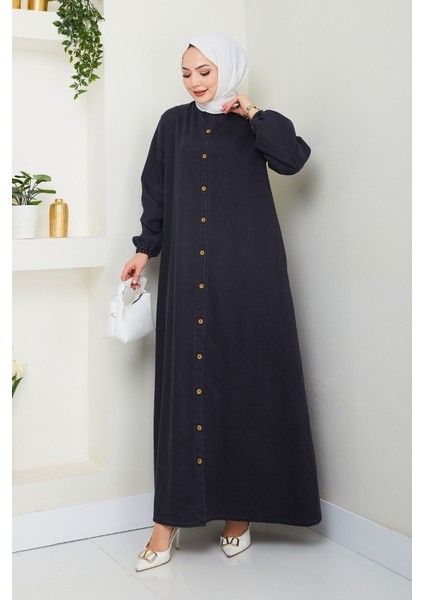 Ziyer Boydan Düğmeli Kot Elbise 1498 - Siyah fırsatları