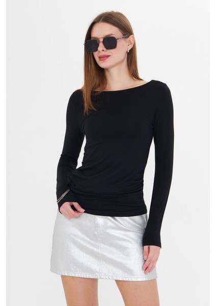 Kadın Kayık Yaka Büzgülü Uzun Kollu Tişört Siyah
