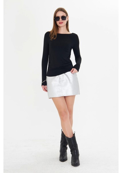 Kadın Kayık Yaka Büzgülü Uzun Kollu Tişört Siyah fiyatları