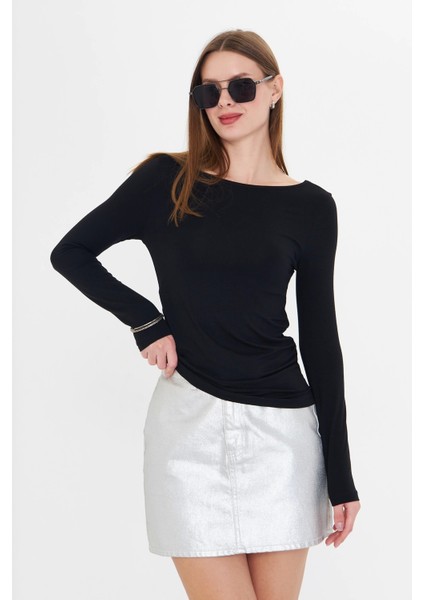 Kadın Kayık Yaka Büzgülü Uzun Kollu Tişört Siyah modelleri