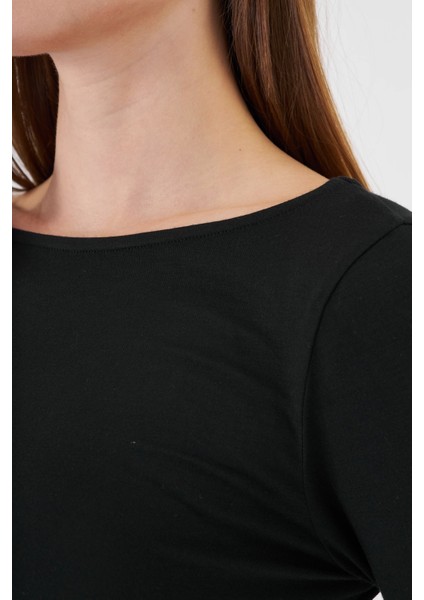 Kadın Kayık Yaka Büzgülü Uzun Kollu Tişört Siyah indirimleri
