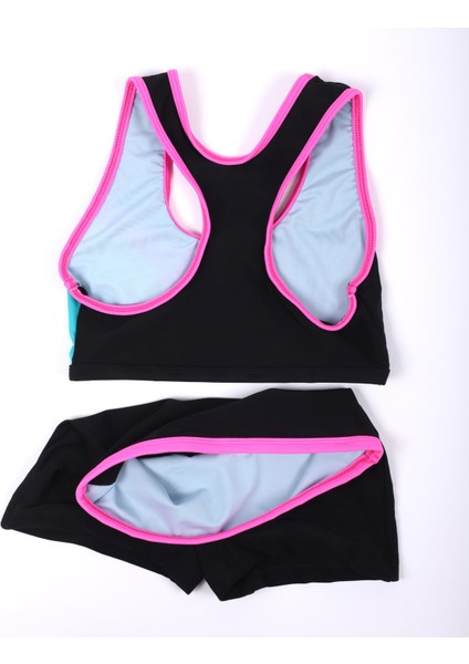 Kız Çocuk Siyah Renk Yüzücü Alt-Üst Şortlu Takım Mayo Bikini