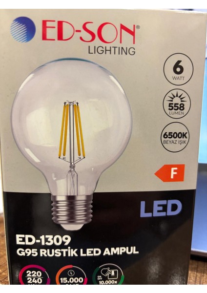 , 6 W G 95 Şeffaf Rustik Model LED Ampül, 6500 K (Beyaz Işık)