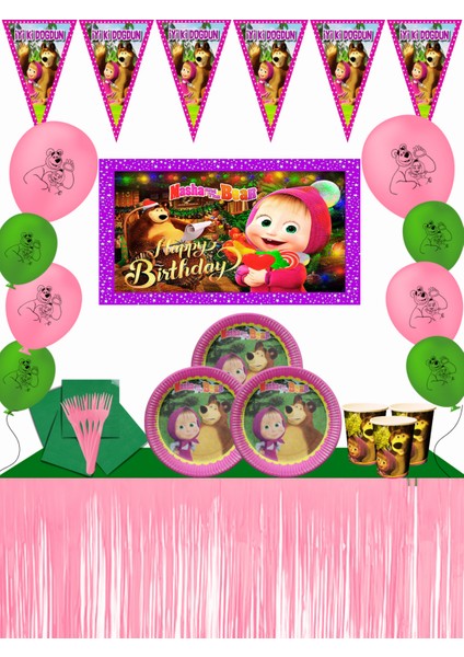 Maşa Ile Koca Ayı Masha The Bear Afişli Metalize Masa Etekli Doğum Günü Parti Malzemeleri Süsleri Seti