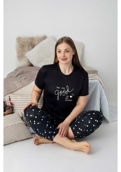 Kadın Bisiklet Yaka Düğmesiz Battal Kesim Viskon Yazlık Kısa Kol Büyük Beden Pijama Takımı