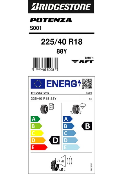 225/40R18 88Y S001 Rft (*) Yaz Lastiği (Üretim YILI:2024)