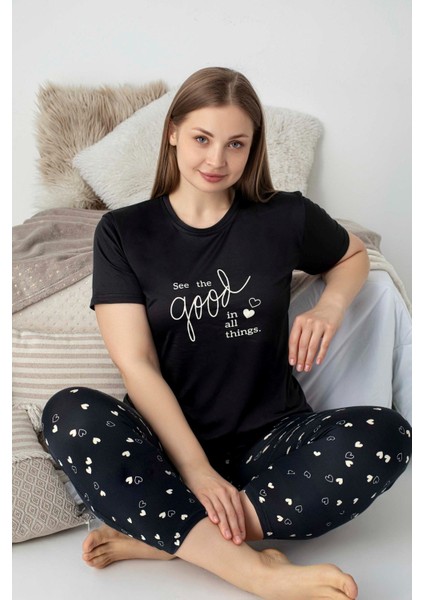 Kadın Bisiklet Yaka Düğmesiz Battal Kesim Viskon Yazlık Kısa Kol Büyük Beden Pijama Takımı
