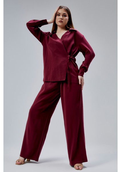 Bordo Salaş Kesim Geniş Paça Pantolon