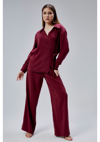Bordo Salaş Kesim Geniş Paça Pantolon
