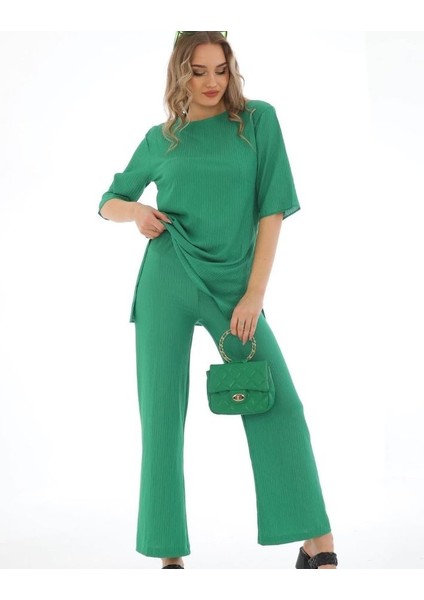 Bürümcük Kumaş Kısa Kollu Yırtmaçlı Fitilli Rahat Kalıp Ikili Alt-Üst Takım