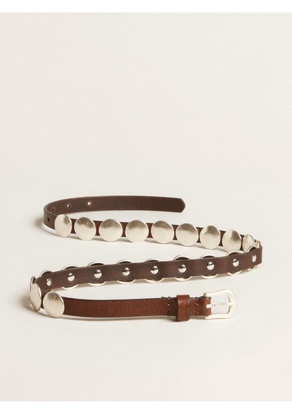 El Yapımı Gümüş Çivili Koyu Kahverengi Trinidad Deri Kemer fırsatları