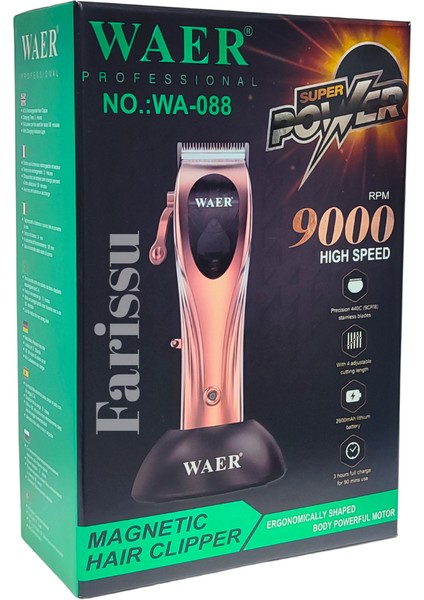 WA-088 9000 Rpm Profesyonel Saç Kesme Makinesi | 2600MAH Batarya | 4 Taraklı | Şarj Standlı