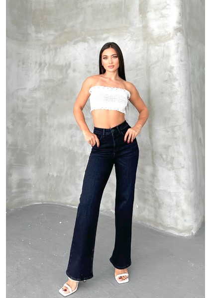 Blue Black Kadın Wide Leg Jean Yüksek Bel Palazzo Likralı Esnek Kot Pantolon JESSİCA-2041