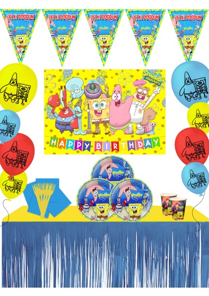 Sünger Bob Sponge Bob Patrick Kare Pantolon Afişli Metalize Masa Etekli Doğum Günü Parti Malzemeleri Süsleri Seti