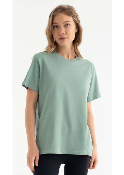 Viridis Su Yeşili Kadın Tişört Pamuklu Bisiklet Yaka Tshirt