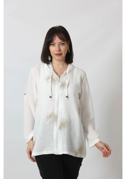 B-058 Kolu Apoletli Gold Simli Işlemeli Desenli Keten Kadın Büyük Beden Beyaz Gömlek