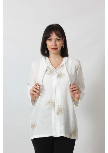 B-058 Kolu Apoletli Gold Simli Işlemeli Desenli Keten Kadın Büyük Beden Beyaz Gömlek fiyatları