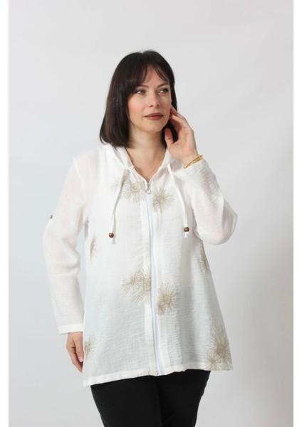 B-058 Kolu Apoletli Gold Simli Işlemeli Desenli Keten Kadın Büyük Beden Beyaz Gömlek modelleri