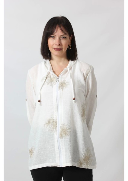 B-058 Kolu Apoletli Gold Simli Işlemeli Desenli Keten Kadın Büyük Beden Beyaz Gömlek fırsatları
