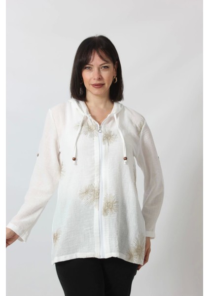 B-058 Kolu Apoletli Gold Simli Işlemeli Desenli Keten Kadın Büyük Beden Beyaz Gömlek indirimleri
