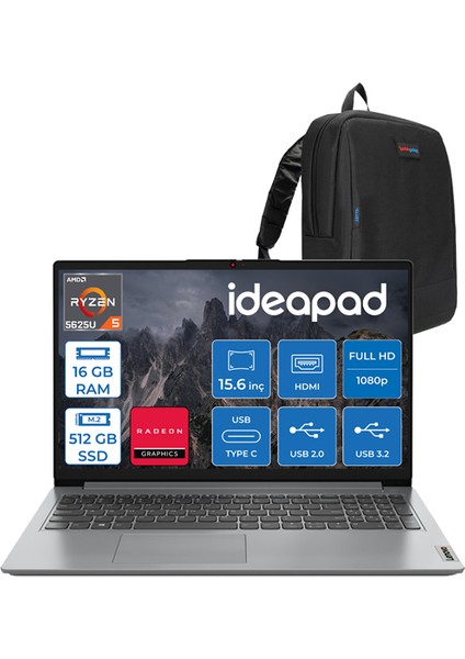 Ideapad 1 15ALC7 Ryzen 5 5625U 16GB Ddr4 512GB SSD Amd Radeon Graphics 15.6" Fhd Tn Freedos Taşınabilir Bilgisayar 15ALC7F01 + Zettaçanta