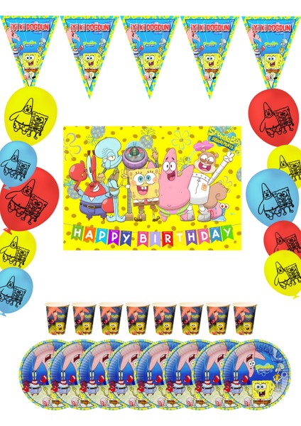 Sünger Bob Patrick Sponge Bob Kare Pantolon Bayraklı ve Afişli 40 Kişilik Doğum Günü Parti Malzemeleri Süsleri Seti