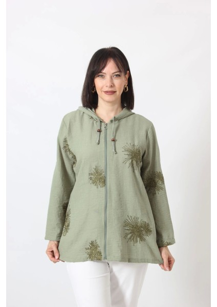 B-0158 Kolu Apoletli Gold Simli Işlemeli Desenli Keten Kadın Büyük Beden Mint Yeşili Gömlek