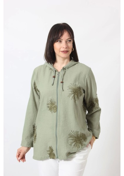B-0158 Kolu Apoletli Gold Simli Işlemeli Desenli Keten Kadın Büyük Beden Mint Yeşili Gömlek fiyatları