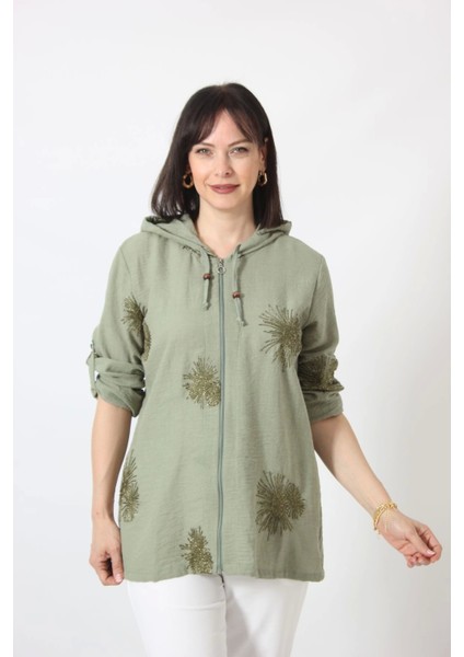 B-0158 Kolu Apoletli Gold Simli Işlemeli Desenli Keten Kadın Büyük Beden Mint Yeşili Gömlek modelleri