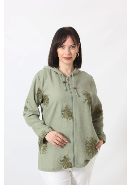 B-0158 Kolu Apoletli Gold Simli Işlemeli Desenli Keten Kadın Büyük Beden Mint Yeşili Gömlek fırsatları
