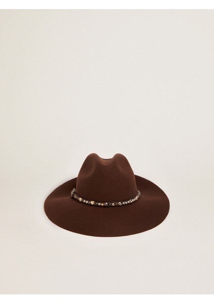 Kahverengi Çivili Deri Kayışlı Fedora Şapka, Yün Tasarım, Altın Yıldız Detaylı