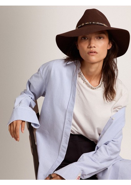 Kahverengi Çivili Deri Kayışlı Fedora Şapka, Yün Tasarım, Altın Yıldız Detaylı fiyatları