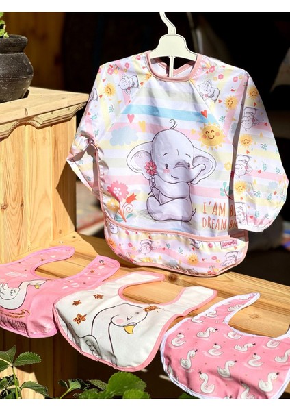 Pembe Fil Desenli Cepli Kollu Aktivite Önlüğü & 3lü Pembe Kuğu Desenli Kutulu Önlük Set (6-24 Ay)