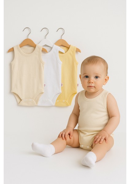 3’lü Bej-Beyaz-Sarı Bebek Zıbın Seti | Pamuklu Kolsuz Çıtçıtlı Yazlık Body | Unisex Bebek Badi