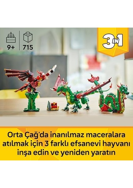 Creator 3 Ü 1 Arada Orta Çağ Ejderhası 31161-9 Yaş ve Üzeri Çocuklar Için Deniz Yılanı ve Zümrüdüankaya Dönüşen Oyuncak Yapım Seti, Doğum Günü Hediyesi (715 Parça)