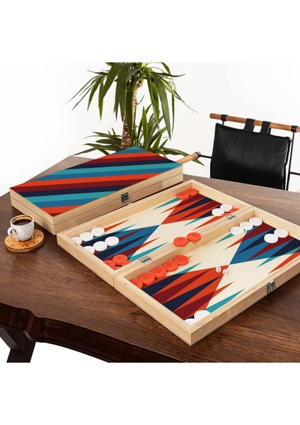Yapımı Huş Marin Kontrplak Renk Şeritli Modern Tavla Seti - 25X48X6,5 Cm, Özel Cilalı, Turuncu ve Beyaz Pullar
