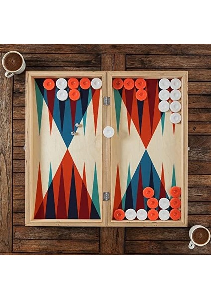 Yapımı Huş Marin Kontrplak Renk Şeritli Modern Tavla Seti - 25X48X6,5 Cm, Özel Cilalı, Turuncu ve Beyaz Pullar