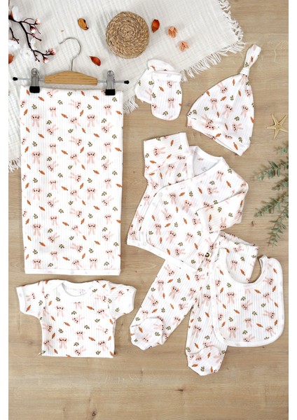 Kız Bebek Pamuk Kumaş Battaniyeli 7 Li Hastane Çıkışı Seti STL6989