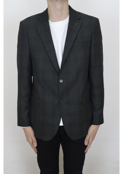 Fistan Store Erkek Haki Yeşil Ekose Kareli Klasik Kesim Rahat Kalıp Çift Düğme Kışlık Blazer Ceket