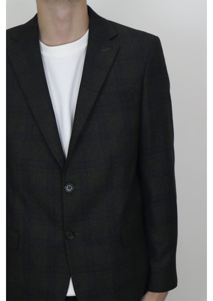 Fistan Store Erkek Haki Yeşil Ekose Kareli Klasik Kesim Rahat Kalıp Çift Düğme Kışlık Blazer Ceket