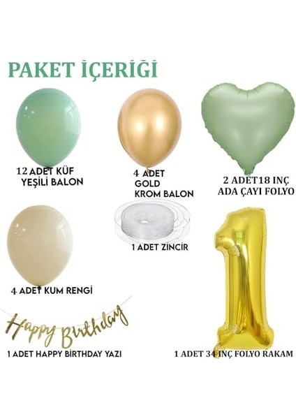 Gitti Adaçayı Konsept Doğum Günü Seti ; Küf Yeşili-Krom Gold- Deniz Kumu ve Adaçayı Kalp Folyo Balon (1)