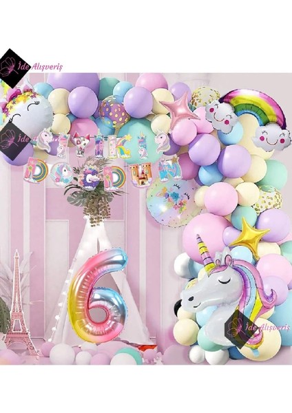 6 Yaş Karakterli Unicorn Temalı Iyi Ki Doğdun Makaron Balon Doğum Günü Parti Kutlama Seti BMCNM347