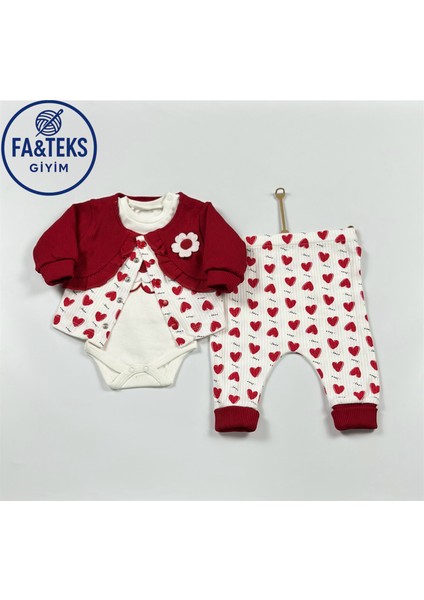 Yenidoğan Kalp Desenli Kız Bebek Takımı 3'lü |ceket|çıtçıtlı Üst|pantolon|