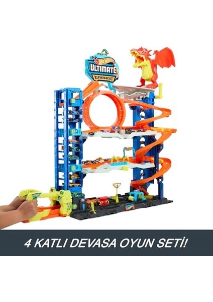 Wheels Yeni Ultimate Garaj, 2 Döküm Araba Içeren Oyun Seti, 50'den Fazla 1:64 Ölçekli Araba Için Oyuncak Depolama, 4 Seviyeli Pist Oyunu, Ejderhayı Yen