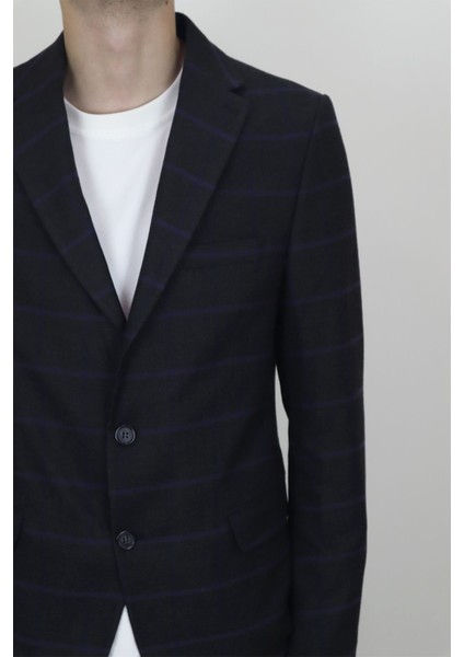 Fistan Store Erkek Siyah Ekose Kareli Italyan Kesim Dar Kalıp Çift Düğme Kışlık Blazer Ceket